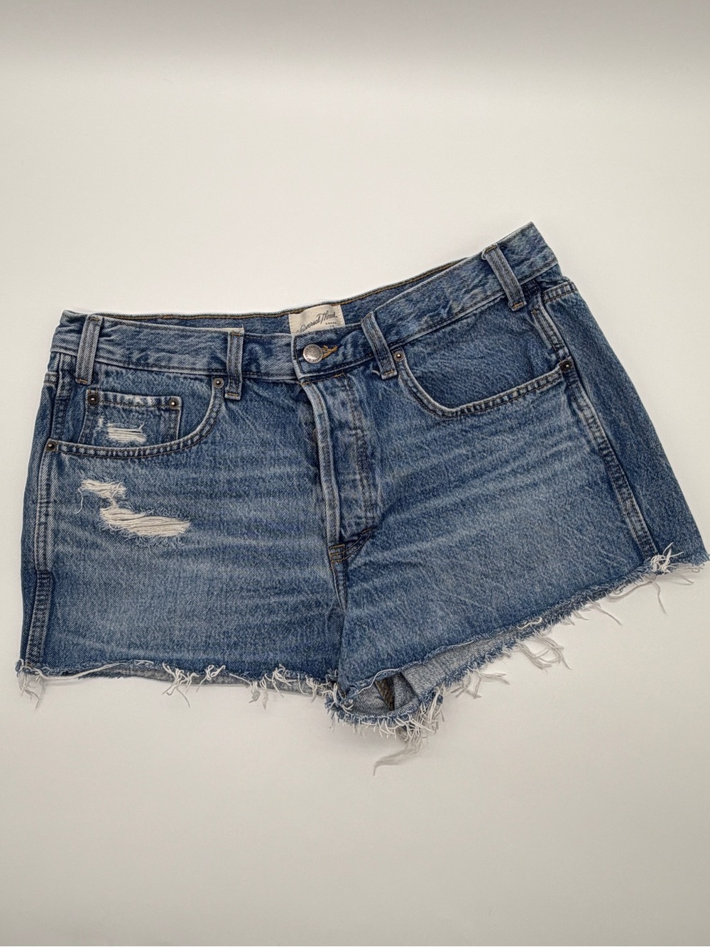 High Rise Mini Denim Shorts Womens Size 14 Button Fly Cut Off Frayed Distressed